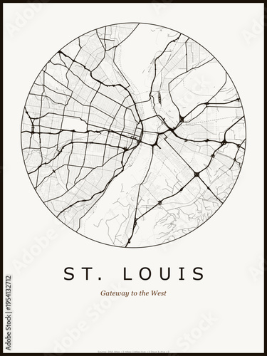 St. Louis city map poster design. Street map art of St. Louis United States. Black and white minimalist road network with downtown district for wall art home decor printable urban cartography.