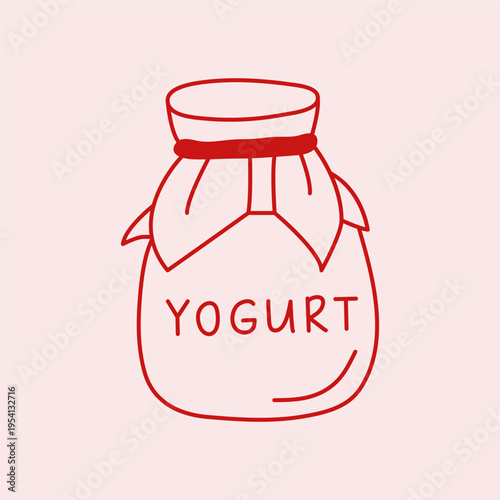Cute doodle homemade yogurt in glass bottle in line art Mediterranean style isolated on pastel background. Hand drawn outline rustic dairy product. Natural source of calcium and protein.