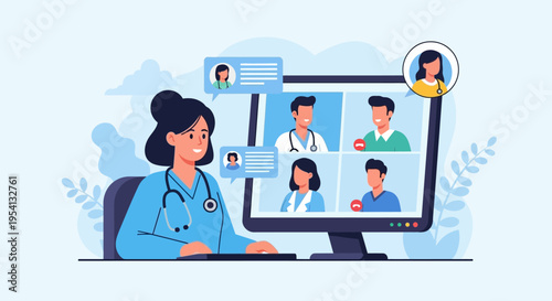 Female Doctor on Telemedicine Video Call: Online Medical Consultation with a Healthcare Team and Remote Professionals