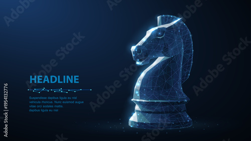 Glowing chess knight on blue background. Strategy, leadership, tactical planning, business competition, decision making, intelligence, futuristic management concept. Vector illustration.