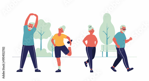 Active Seniors Exercising in Park: Healthy Elderly Lifestyle, Outdoor Fitness & Well-being Illustration