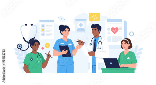 Diverse Healthcare Team Collaboration: Doctors, Nurses, and Medical Staff Working Together on Digital Health and Patient Care