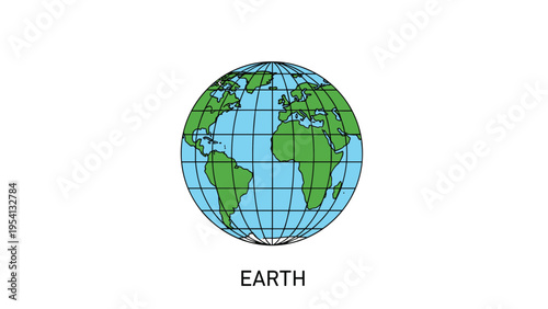 Educational illustration of planet Earth showing major continents and a grid of latitude and longitude lines on white.