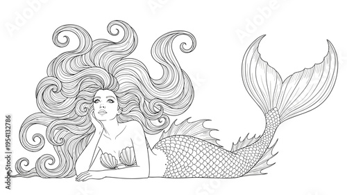 Exquisite black and white line drawing of a beautiful mermaid with flowing hair and scales resting on the ocean floor.
