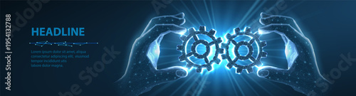 Digital hands connecting cogwheels on blue background. Teamwork, business integration, process management, collaboration system, engineering workflow, technology concept. Vector illustration.