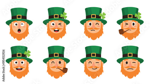 Collection of eight leprechaun face icons with different facial expressions and green hats for Saint Patrick Day.