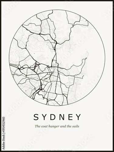 Sydney city map poster design. Street map art of Sydney Australia. Black and white minimalist road network with downtown district for wall art home decor printable urban cartography. monochrome