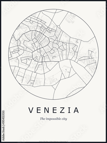 Venice city map poster design. Street map art of Venice Italy. Black and white minimalist road network with downtown district for wall art home decor printable urban cartography. monochrome circle