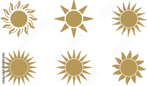 A collection of six golden sun symbols with various ray styles on a white background