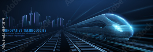 Futuristic high speed train on illuminated tracks near city skyline. Smart railway transport, modern mobility, rapid travel, innovation technology, future transit concept. Vector illustration.