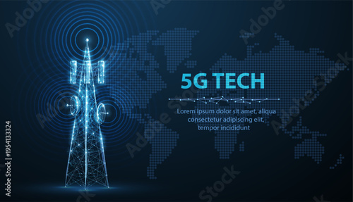 5G telecom tower with wireless signal over world map. Mobile network, global communication, internet connection, data transmission, smart technology, future concept. Vector illustration.