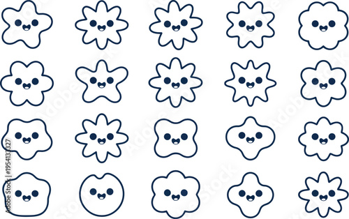 A collection of small amoeba like characters with happy faces in a white minimalist outline style