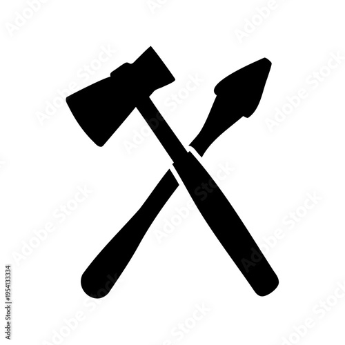 Vector icon of crossed hammer and pickaxe tools