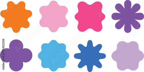 A delightful collection of eight distinct wavy colorful shapes against a pure white setting