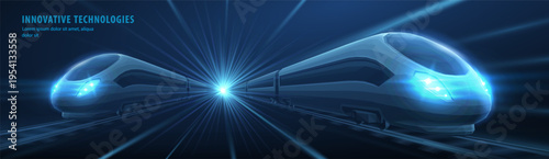 Futuristic high speed train with glowing light trails on blue background. Smart transport, railway innovation, rapid transit, modern mobility, future travel concept. Vector illustration.