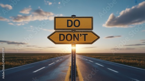 Road stretches to horizon with 'do' and 'don't' directional signs at sunset