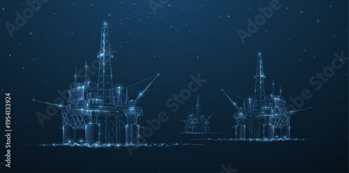 Holographic offshore oil platforms on blue background. Energy, petroleum production, engineering, industrial structure, sea drilling, futuristic infrastructure concept. Vector illustration.