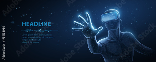 Futuristic man in virtual reality headset touching interface. Metaverse, simulation, digital interaction, cyber experience, innovation background, future concept. Vector illustration.