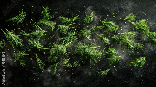 Dill frond scatter airborne dark background delicate feathery leaves falling patterns motion blur vibrant green illuminated texture