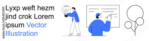 Creativity, education, brainstorming, innovation, presentations, teamwork. Man holding a light bulb, figure writing on a whiteboard and abstract tree shape. Creativity and brainstorming concept