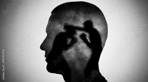 Shadow boxing scene within silhouette of a man's head  