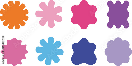 A diverse collection of eight colorful fluid abstract shapes on a bright white background