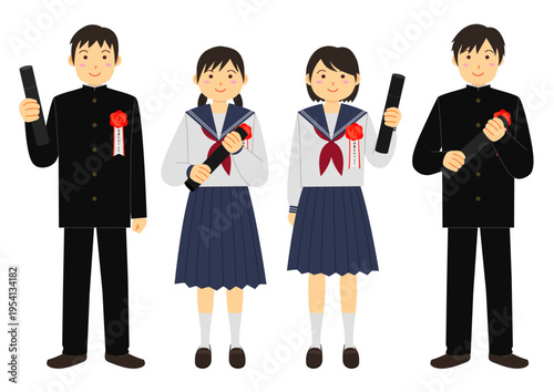 卒業式をイメージした卒業証書持つ学生のイラストのセット