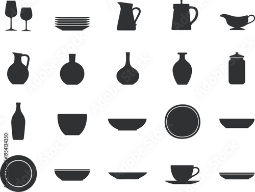 Kitchenware and Tableware Silhouette Icons Keywords: glasses, wine glasses, plates, stack of