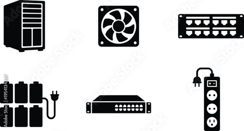 Collection of computer hardware icons including server, fan, patch panel, batteries, network switch, and power strip.