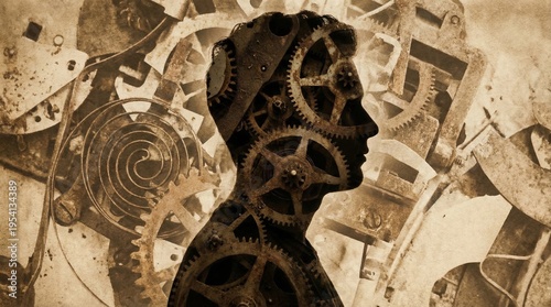 Silhouette of a human head filled with gears and machinery elements  double exposure