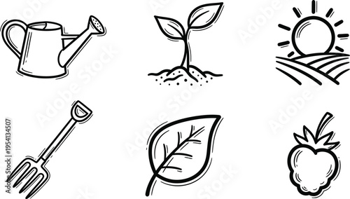 Hand-drawn icons representing gardening and growth, from watering can to fresh produce.