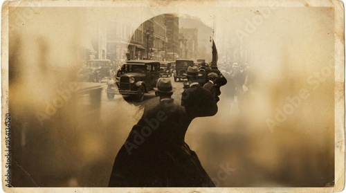 Woman's silhouette with cityscape reflection in vintage style  