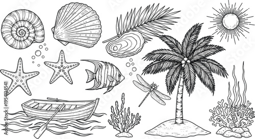 Comprehensive Office Desk Equipment Set Featuring Laptop Computer Notebook Coffee Mug Smartphone Headphones Desk Lamp and Potted Plant in Modern Minimalist Flat Vector Style.