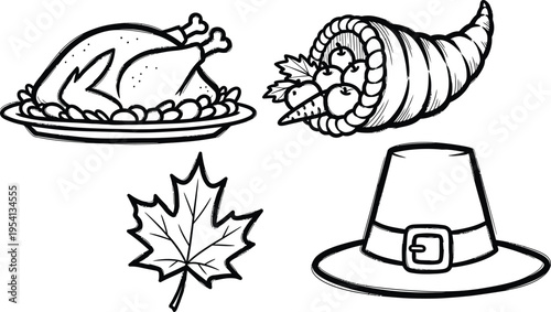 A collection of Thanksgiving symbols: roasted turkey, cornucopia, maple leaf, and pilgrim hat.