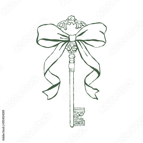 Hand-drawn line illustration of an ornate vintage key with a decorative bow. A romantic, classic outline design for Valentines Day, weddings, and love themes in the Rococo and Baroque styles. Vector