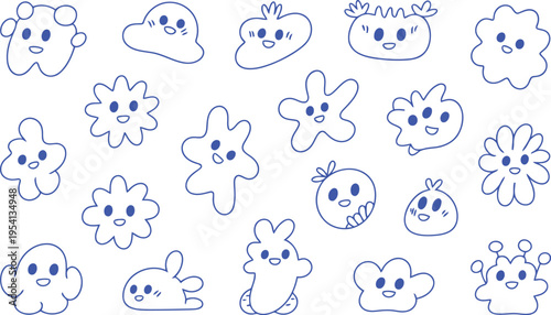 A playful assortment of blue outline cartoon blob characters with happy faces on a white background