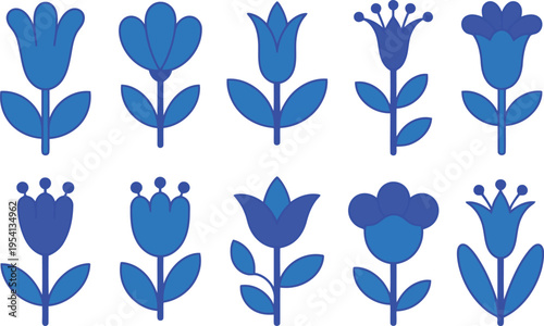 A lovely set of ten varied blue floral icons featuring geometric shapes and subtle internal lines