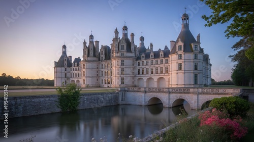 Chateau de chambord castle at sunset with bridge and moat in france showcasing medieval architecture and serene landscape