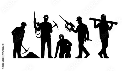 Mining worker silhouettes collection with helmets lamps and tools in working and resting poses isolated on white