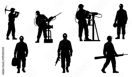 Industrial miner silhouette set with hard hats lamps and tools in action poses isolated on white background