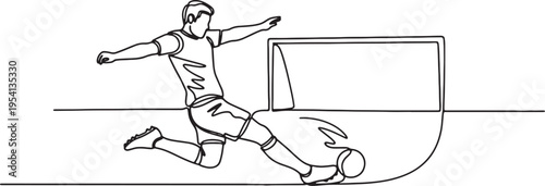 man kicking soccer ball into goal in line art style