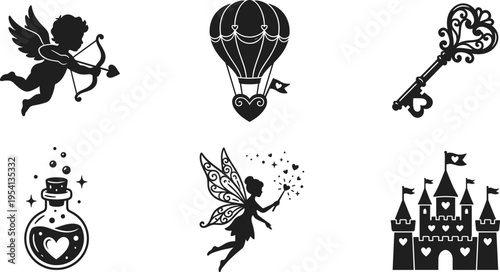 Fantasy and romance silhouette icons featuring cupid, hot air balloon, vintage key, magic potion, fairy, and a castle for whimsical wedding vector designs.
