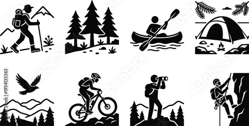 Outdoor adventure icons set featuring hiking, camping, mountain biking, kayaking, rock climbing, and nature silhouettes for wilderness exploration and summer forest activities.