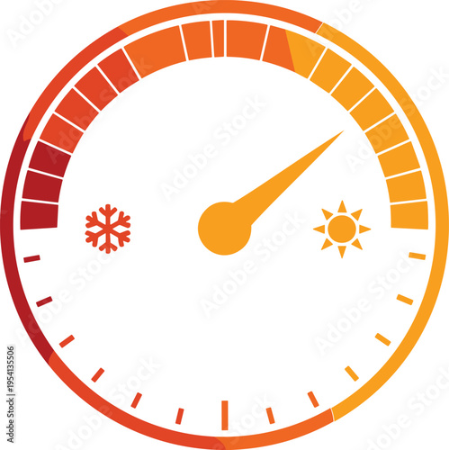 Temperature gauge with sun and snowflake icons showing cold to hot scale dashboard instrument meter dial indicator.