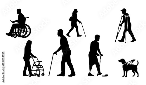 Diverse disability silhouettes set with mobility aids including wheelchair cane walker and prosthetic users isolated on white