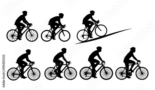 Cyclist silhouettes set with riders in racing climbing and casual biking poses isolated on white background