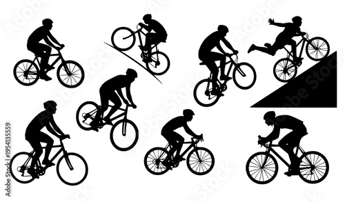 Dynamic cyclist silhouette set with bicycle riders in racing downhill and freestyle poses isolated on white