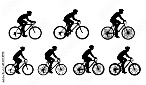 Minimal cycling silhouettes collection with bicycle riders in action and commuting poses isolated on white