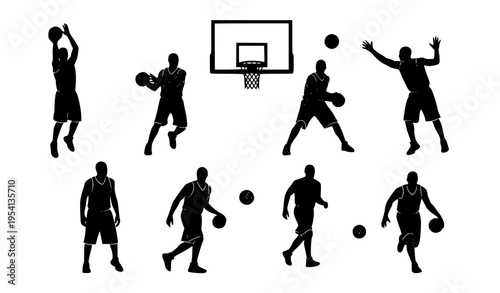 Minimal basketball player silhouettes collection with hoop and ball showing jump shot dribble and defense poses isolated on white