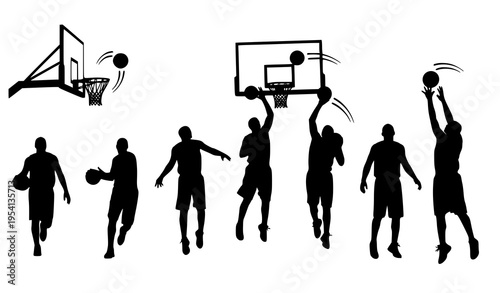 Black silhouette basketball players set with hoop and ball in dynamic sports action poses isolated on white background